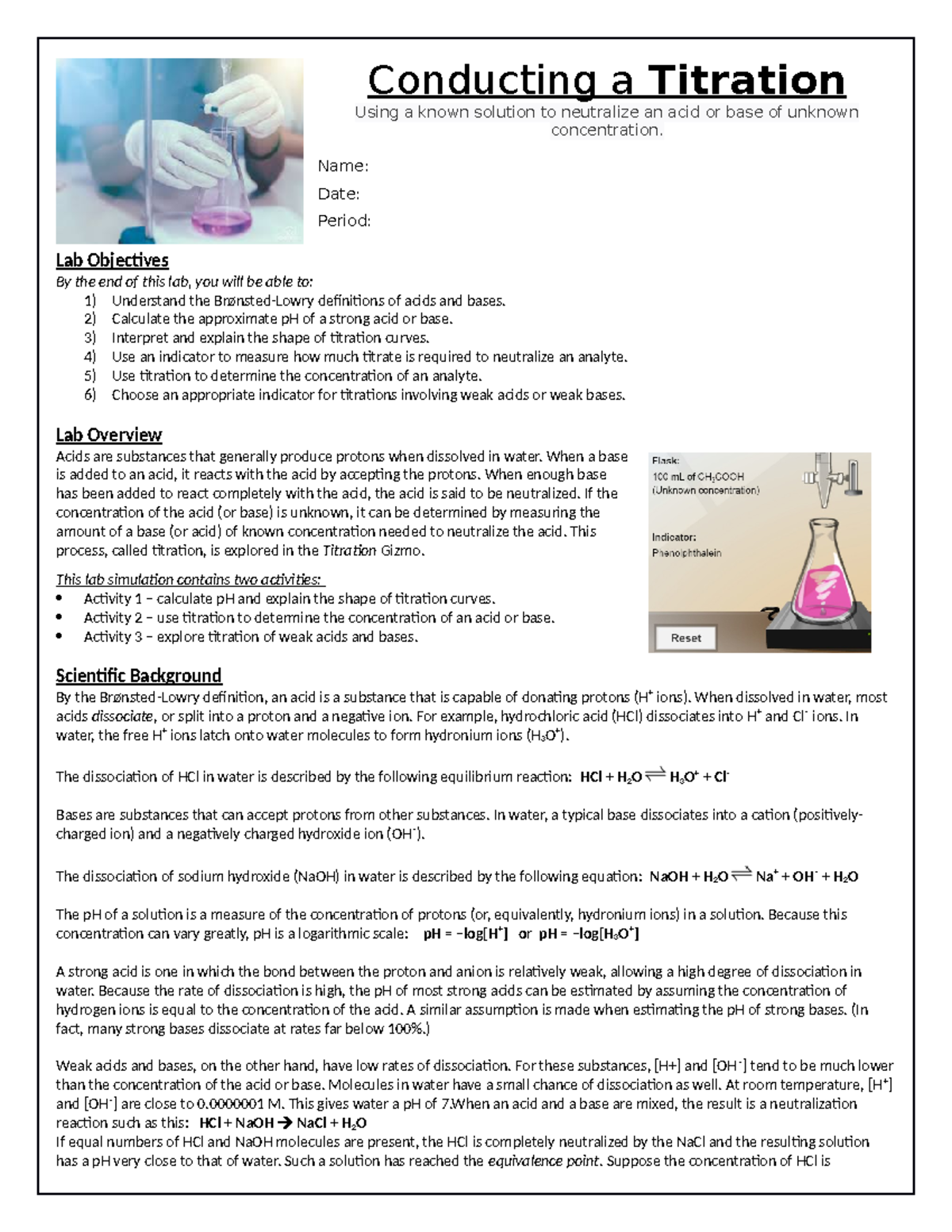 Titration Gizmo Lab AP Chemistry Conducting a Titration Using a known