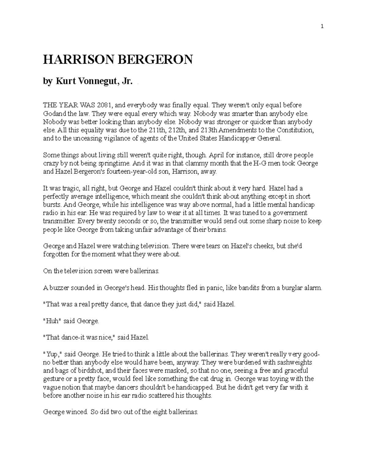 Reading - Harrison Bergeron - HARRISON BERGERON by Kurt Vonnegut, Jr ...