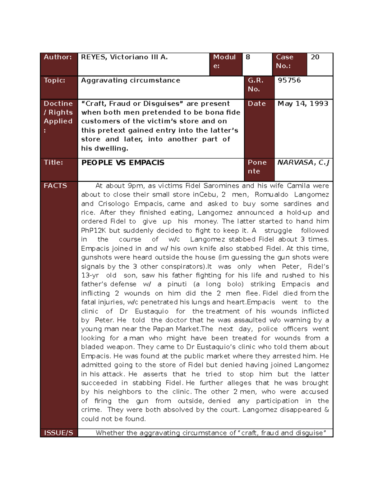 20. People vs Empacis - crim - Author: REYES, Victoriano III A. Modul e ...