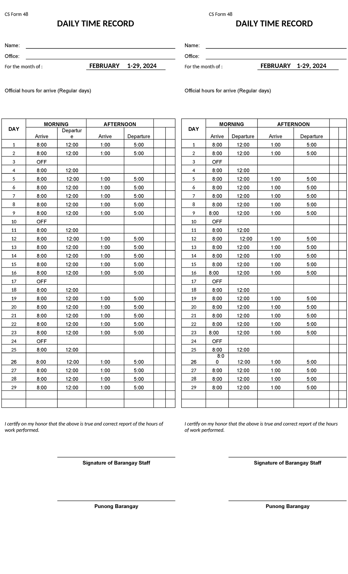 Dtr - Daily Time report - CS Form 48 CS Form 48 DAILY TIME RECORD DAILY ...