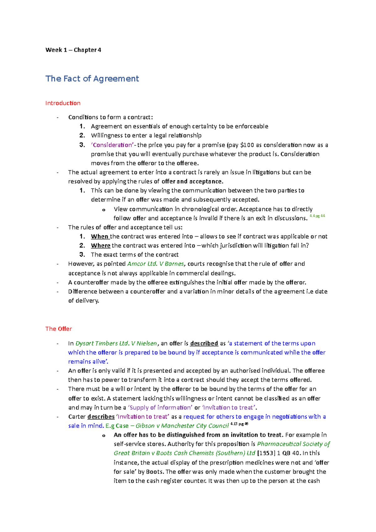 Contract Law A - Course Notes - Week 1 – Chapter 4 The Fact of ...