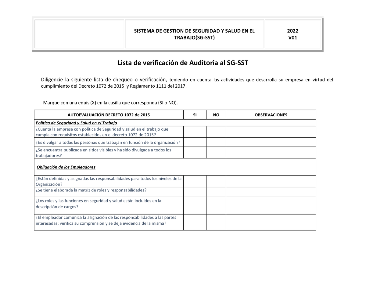 Formato Lista De Verificacion De Auditoria Y Revision Por La Direccion Trabajosg Sst V Lista 9195