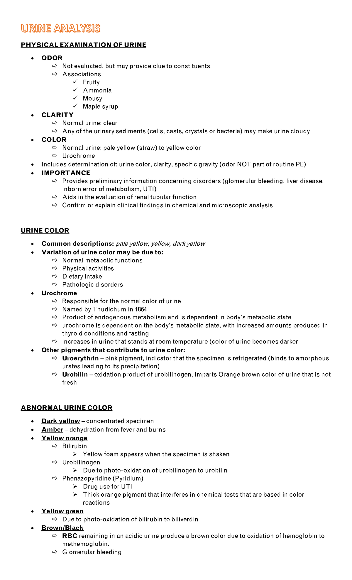 MLSP LAB Urine Analysis WEEK 8 1 - PHYSICAL EXAMINATION OF URINE • ODOR ...