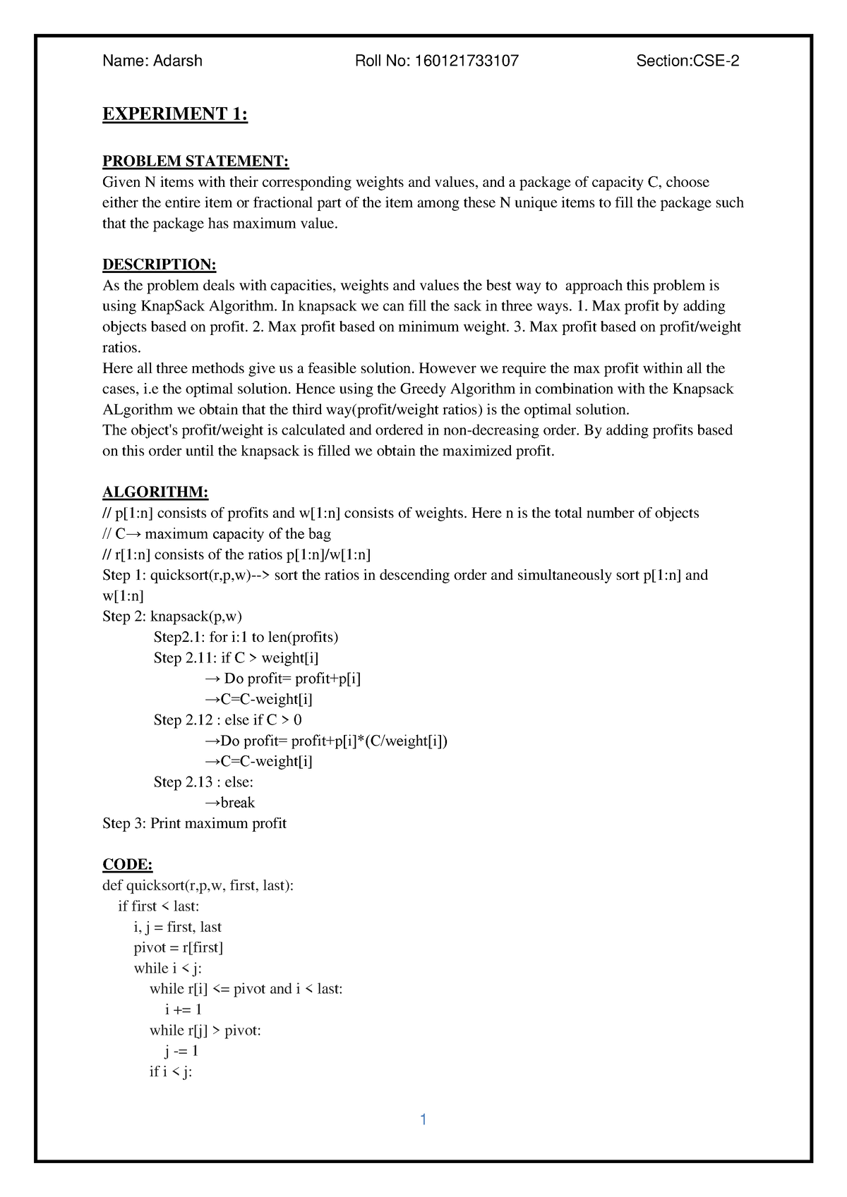 Design and analysis of algorithm - EXPERIMENT 1: PROBLEM STATEMENT ...