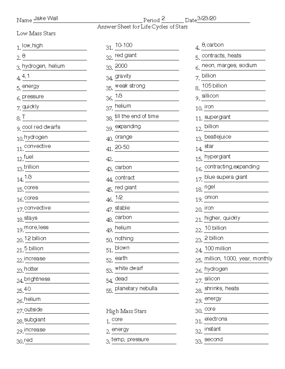 Complete life Cycles of Stars Test PDF Form-1 - Name