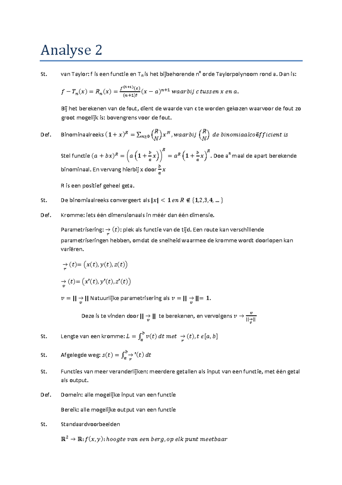 Samenvatting Analyse 2 College S Formules En Berekeningen Studeersnel