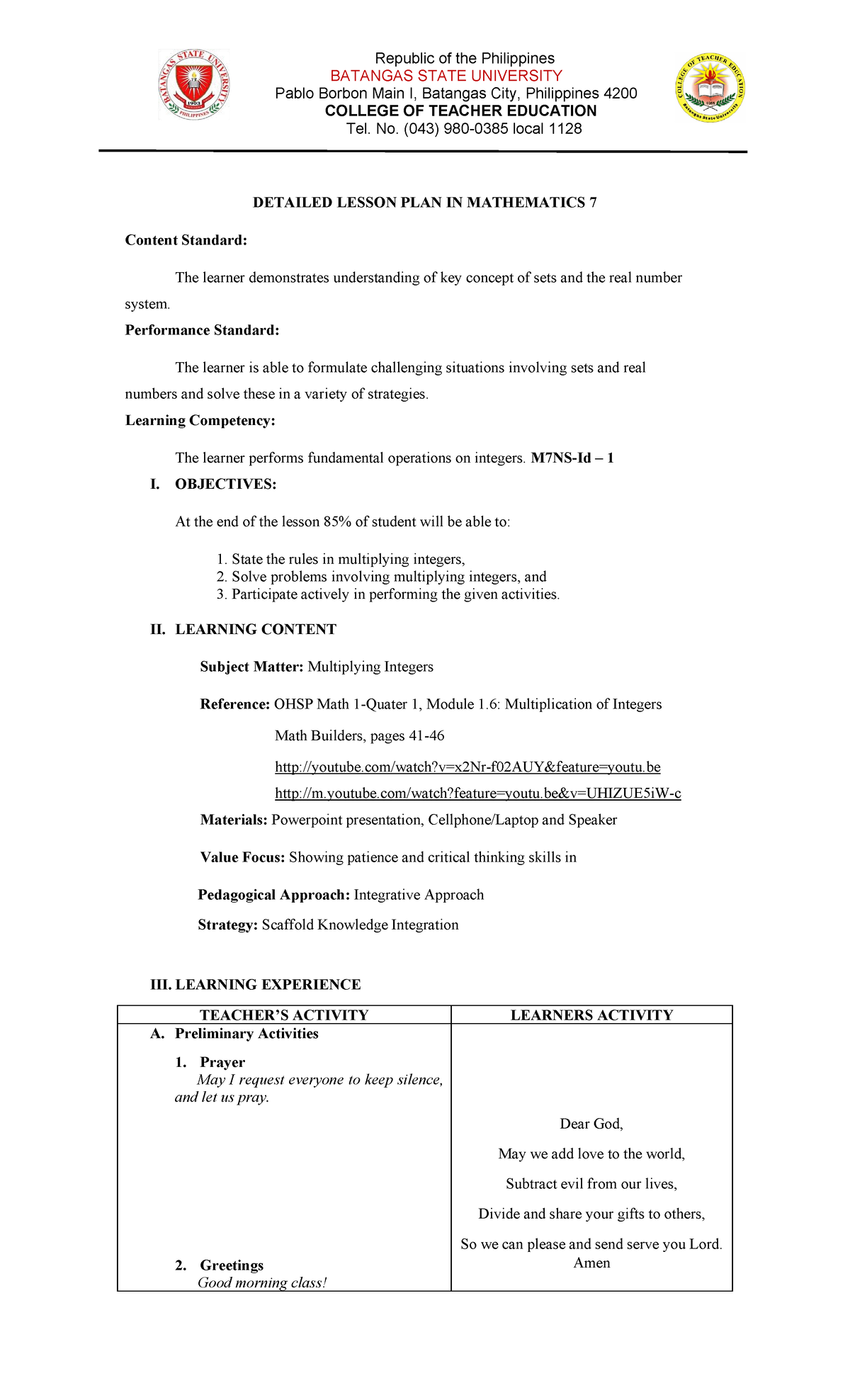 Detailed Lesson Plan in Mathematics 7 - BATANGAS STATE UNIVERSITY Pablo ...