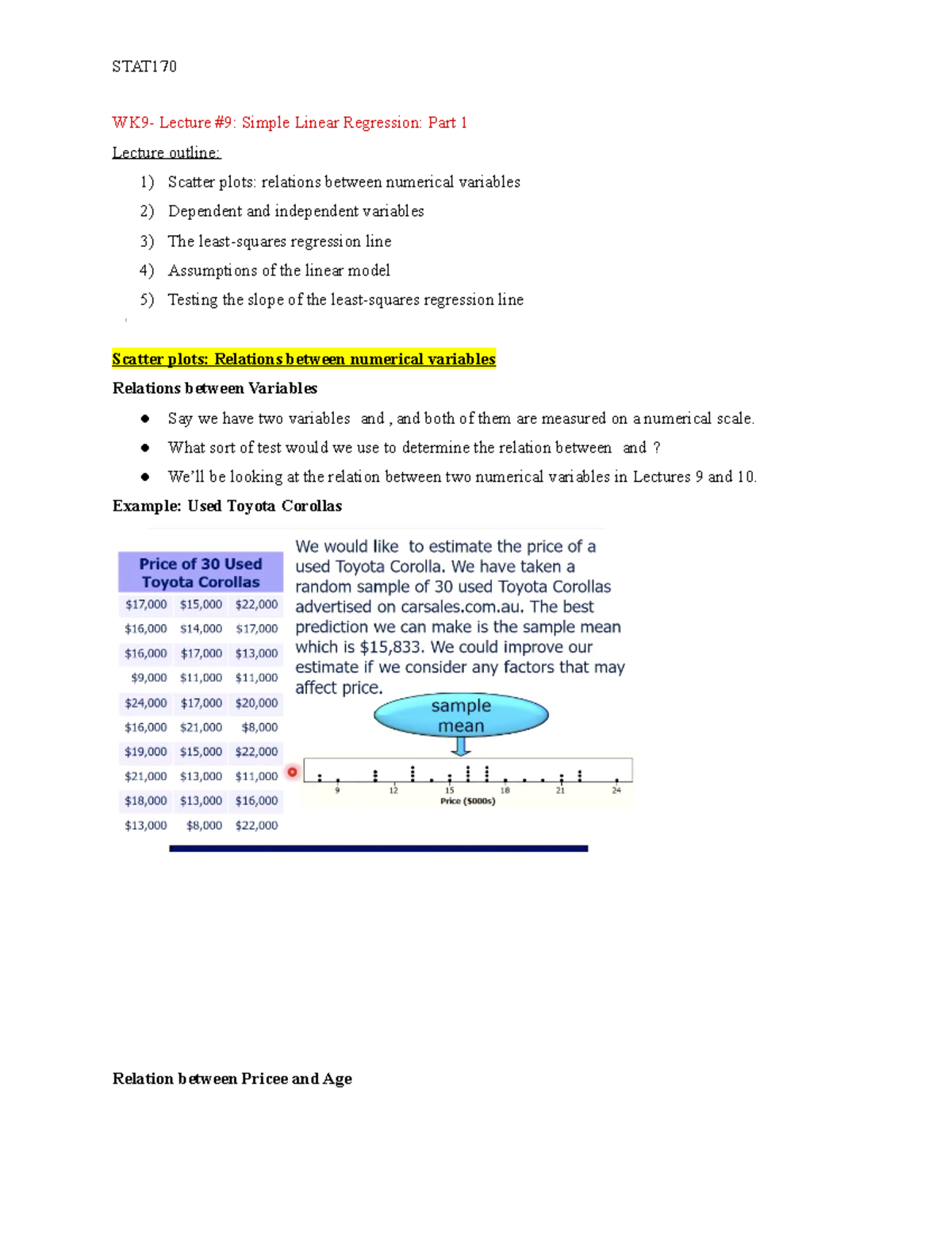 Lecture Notes Wk 9 - WK9- Lecture #9: Simple Linear Regression: Part 1 ...