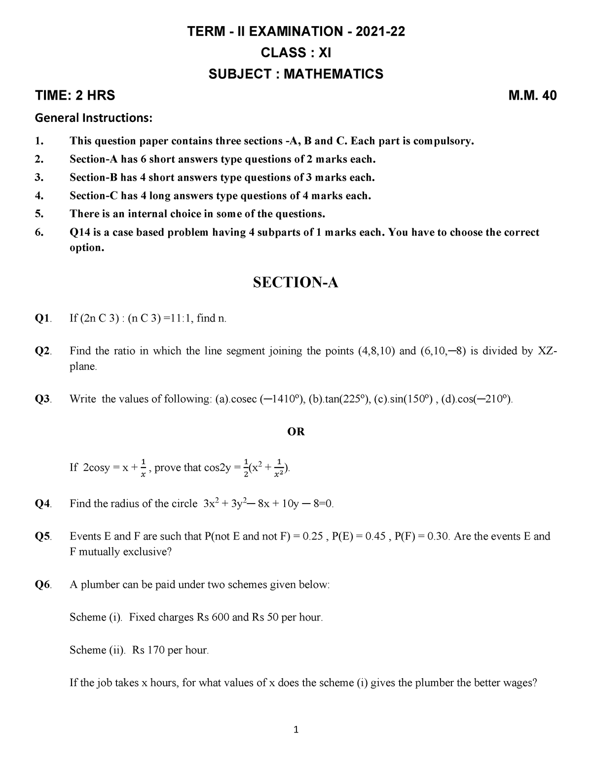 case study questions in maths class 11