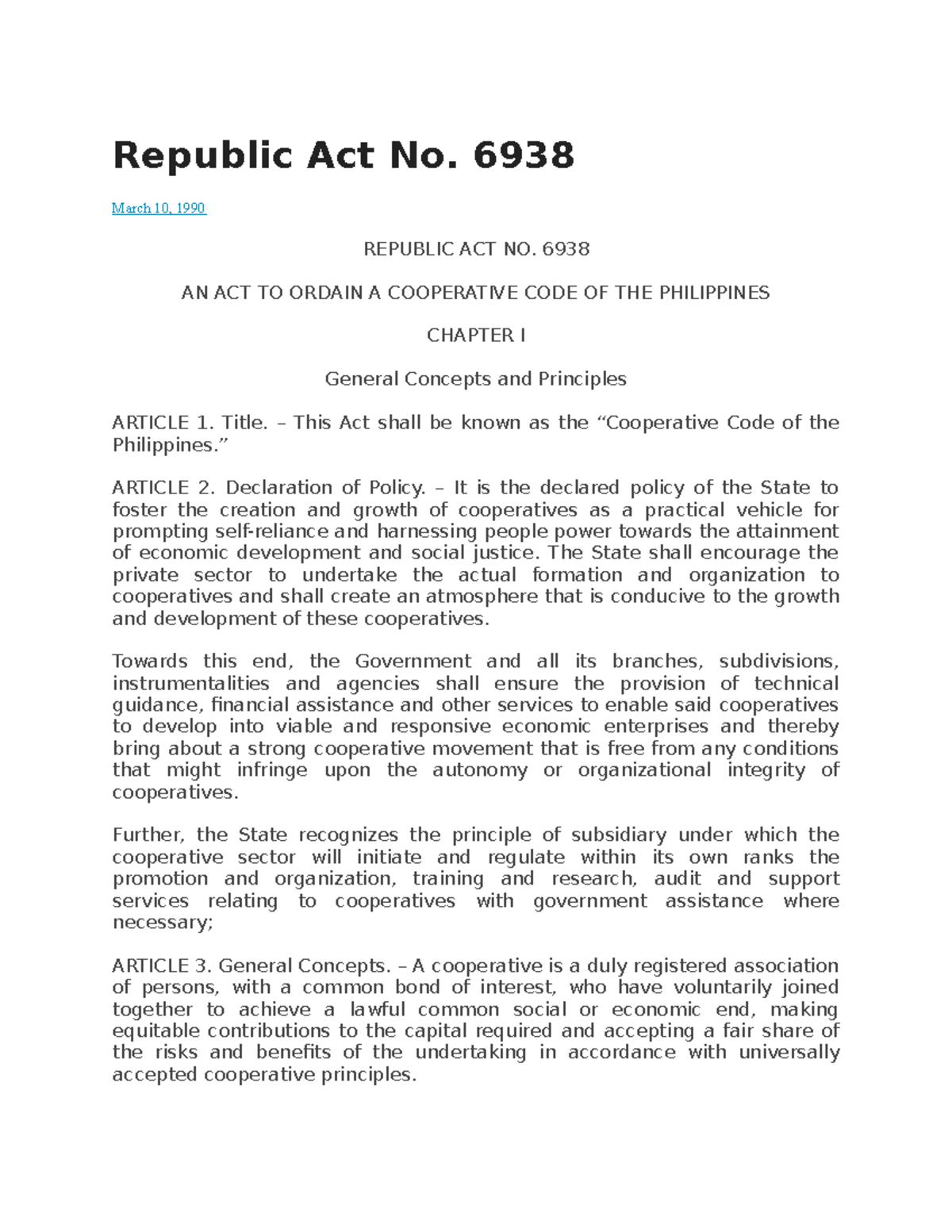 Cooperative Code of the Philippines - Republic Act No. 6938 March 10 ...