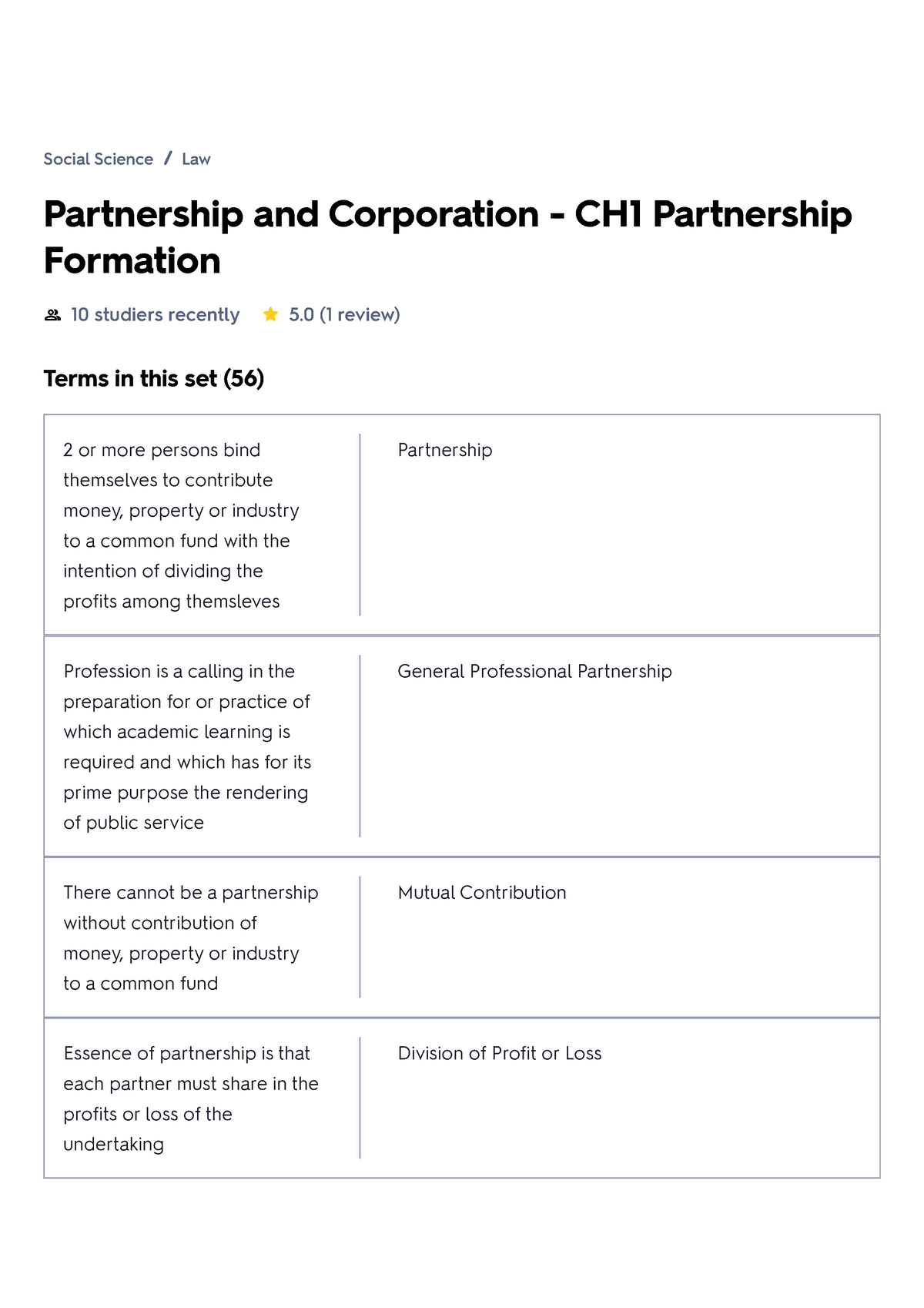 Partnership And Corporation - CH1 Partnership Formation Flashcard ...