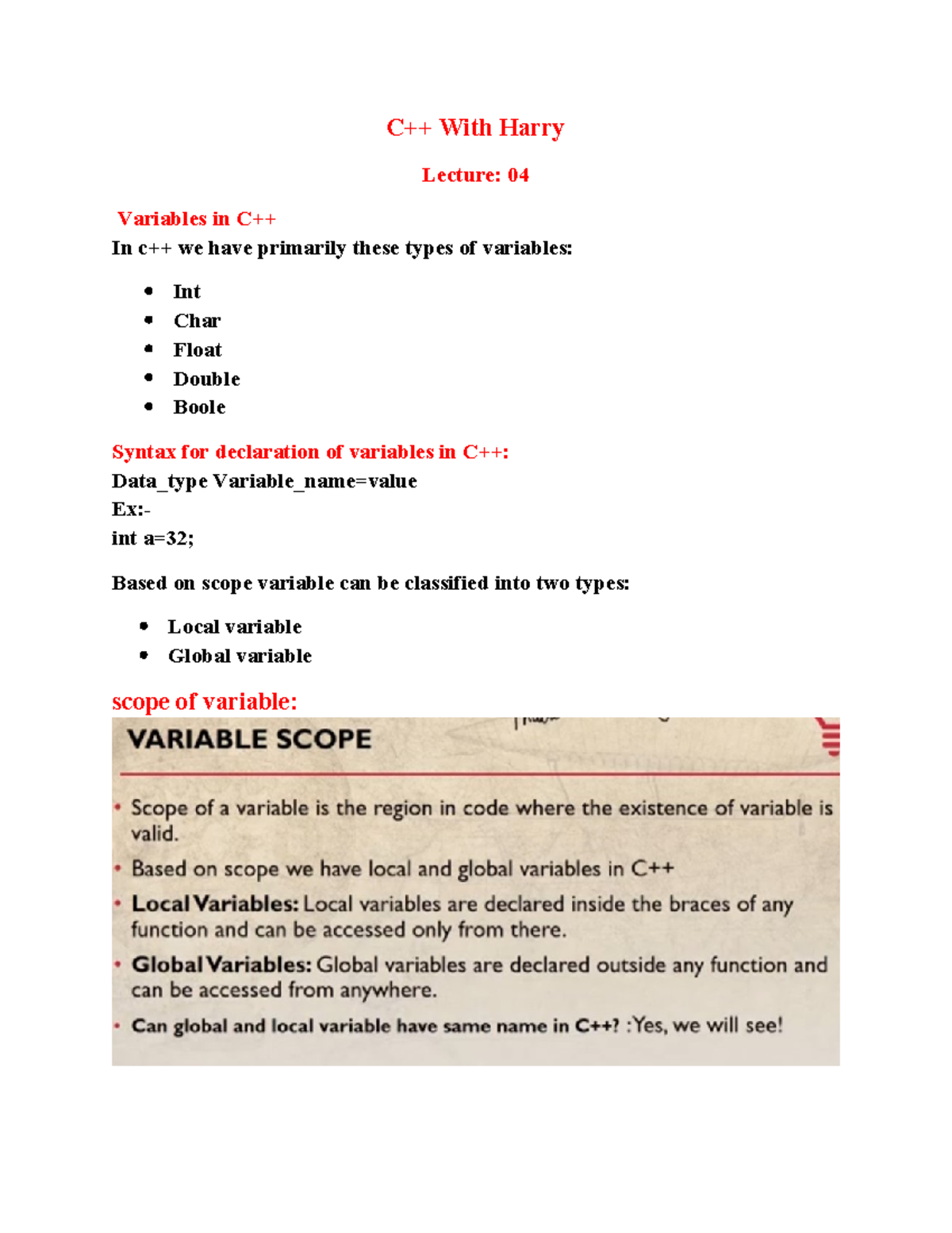 C++ code with harry notes - C++ With Harry Lecture: 04 Variables in C++ ...
