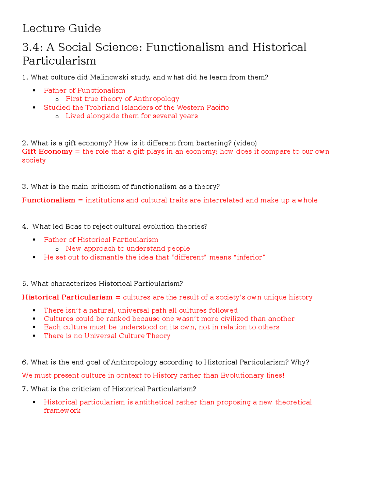 Lecture Guide 3.4 Functionalism and Historical Particularism Lecture
