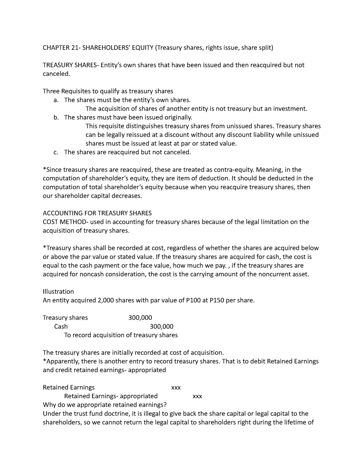 Chapter-21 - LESSON - CHAPTER 21- SHAREHOLDERS’ EQUITY (Treasury shares ...