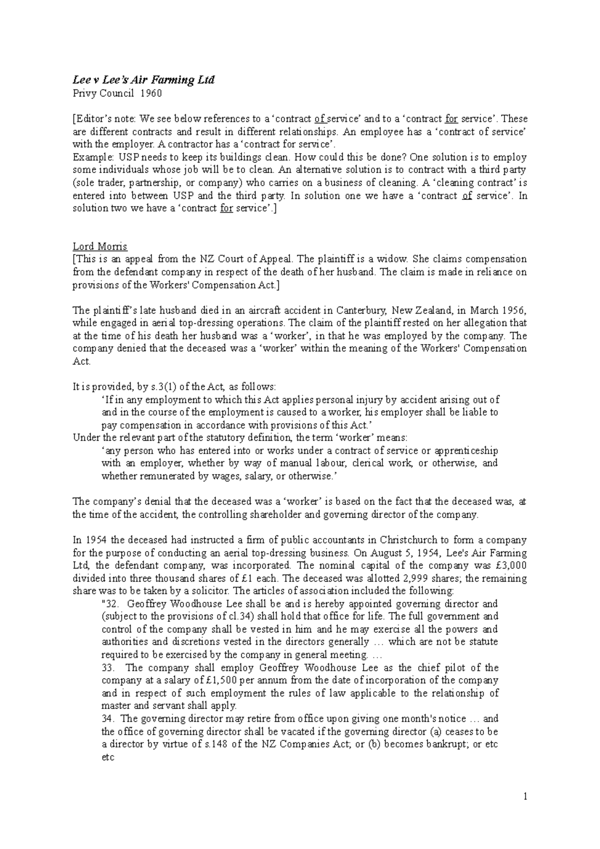 Lee v Lees Air Farming Ltd edited Lee v Lee’s Air Farming Ltd Privy Council 1960 [Editor’s Lee v Lees Air Farming Ltd edited Lee v Lee’s Air Farming Ltd Privy Council 1960 [Editor’s