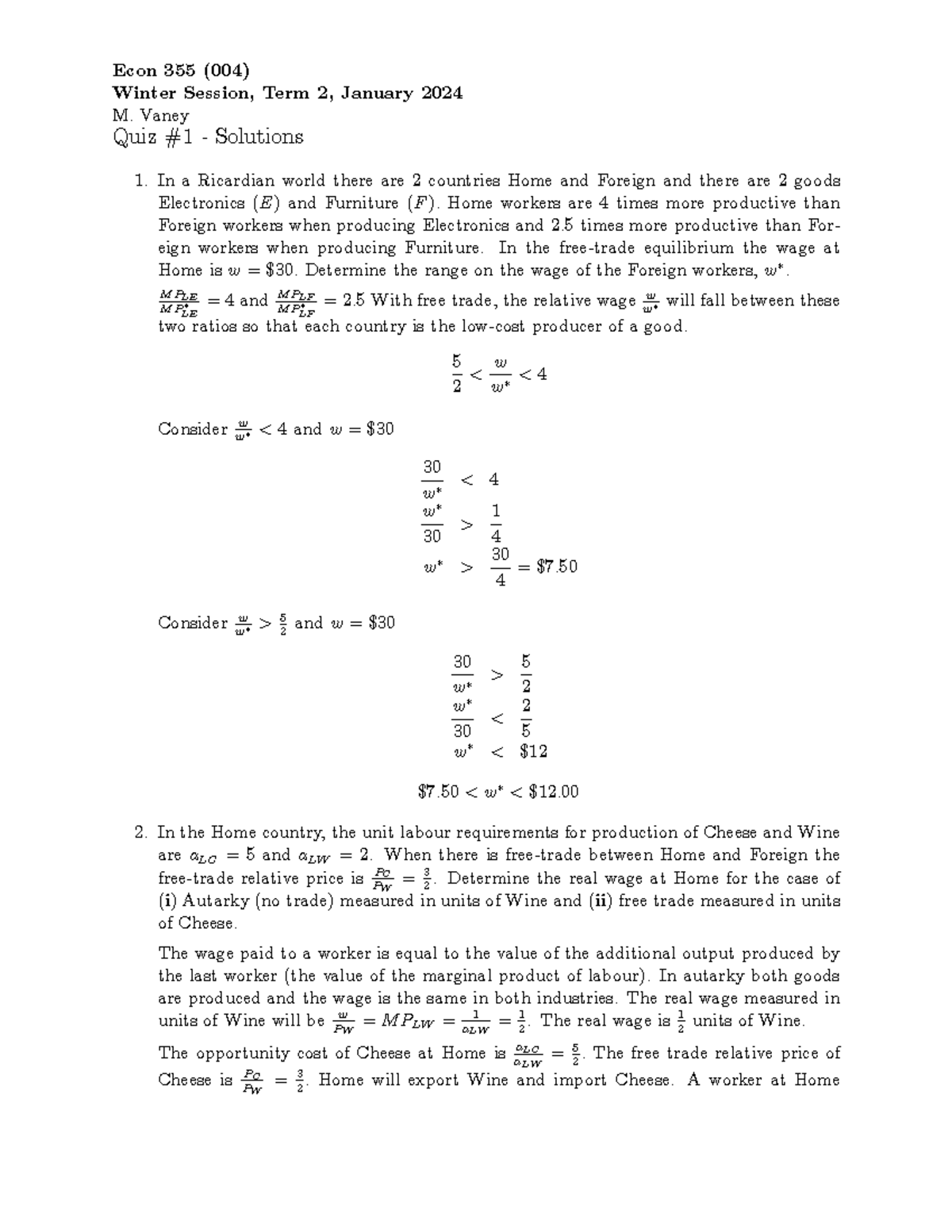 Quiz 1 - winter 2024 - solutions - Econ 355 (004) Winter Session, Term ...