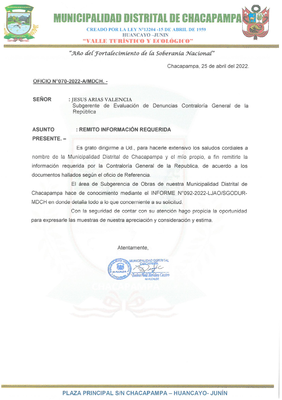 Oficio N° 070-2022 - PARA Contraloria - Studocu