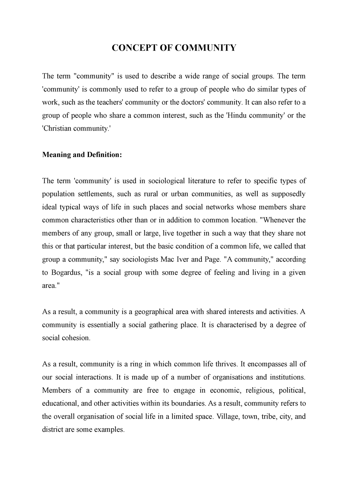 Concept OF Community Lecture notes 1 CONCEPT OF COMMUNITY The term