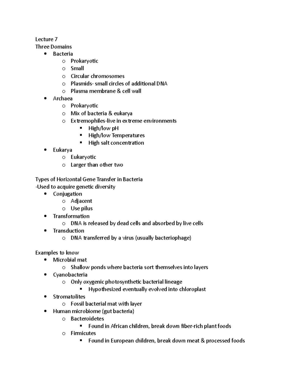 Exam 2 Review - Lecture 7 Three Domains Bacteria o Prokaryotic o Small ...