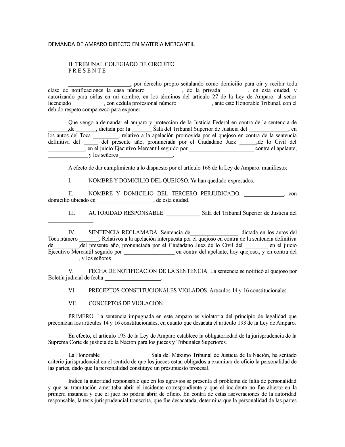 Demanda DE Amparo Directo EN Materia Mercantil - DEMANDA DE AMPARO DIRECTO  EN MATERIA MERCANTIL H. - Studocu