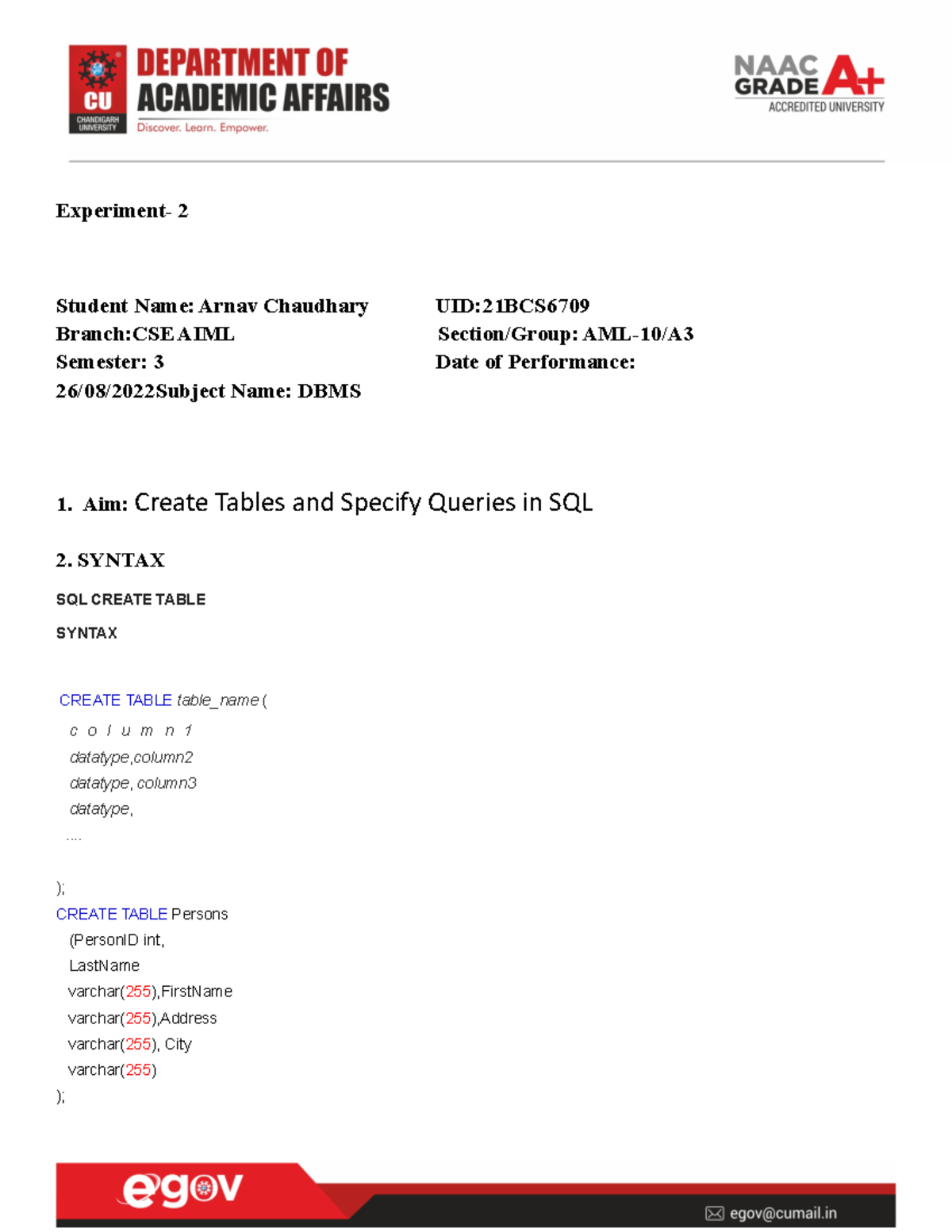 Dbms 1 1 Worksheet Experiment 2 Student Name Arnav Chaudhary Uid 21bcs Branch Cse Aiml Studocu Dbms 1 1 Worksheet Experiment 2 Student Name Arnav Chaudhary Uid 21bcs Branch Cse Aiml Studocu