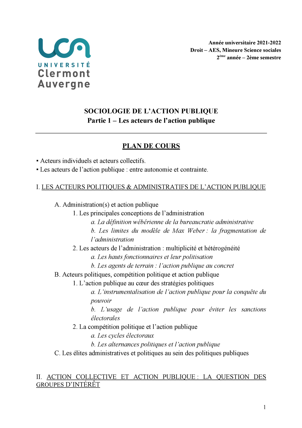 Plan De Cours Les Acteurs De Laction Publique Partie 1 1 Sociologie De Laction Publique 1116