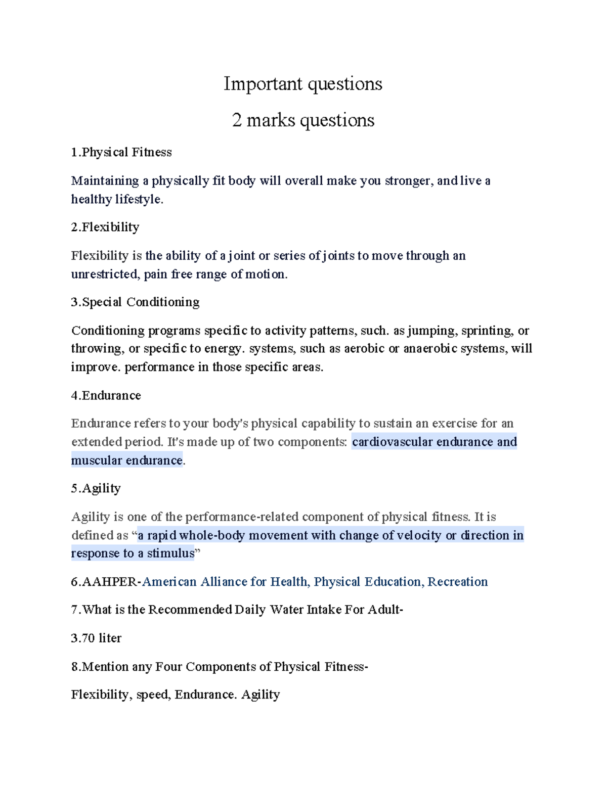 Important questions - Physical fitness - Important questions 2 marks ...