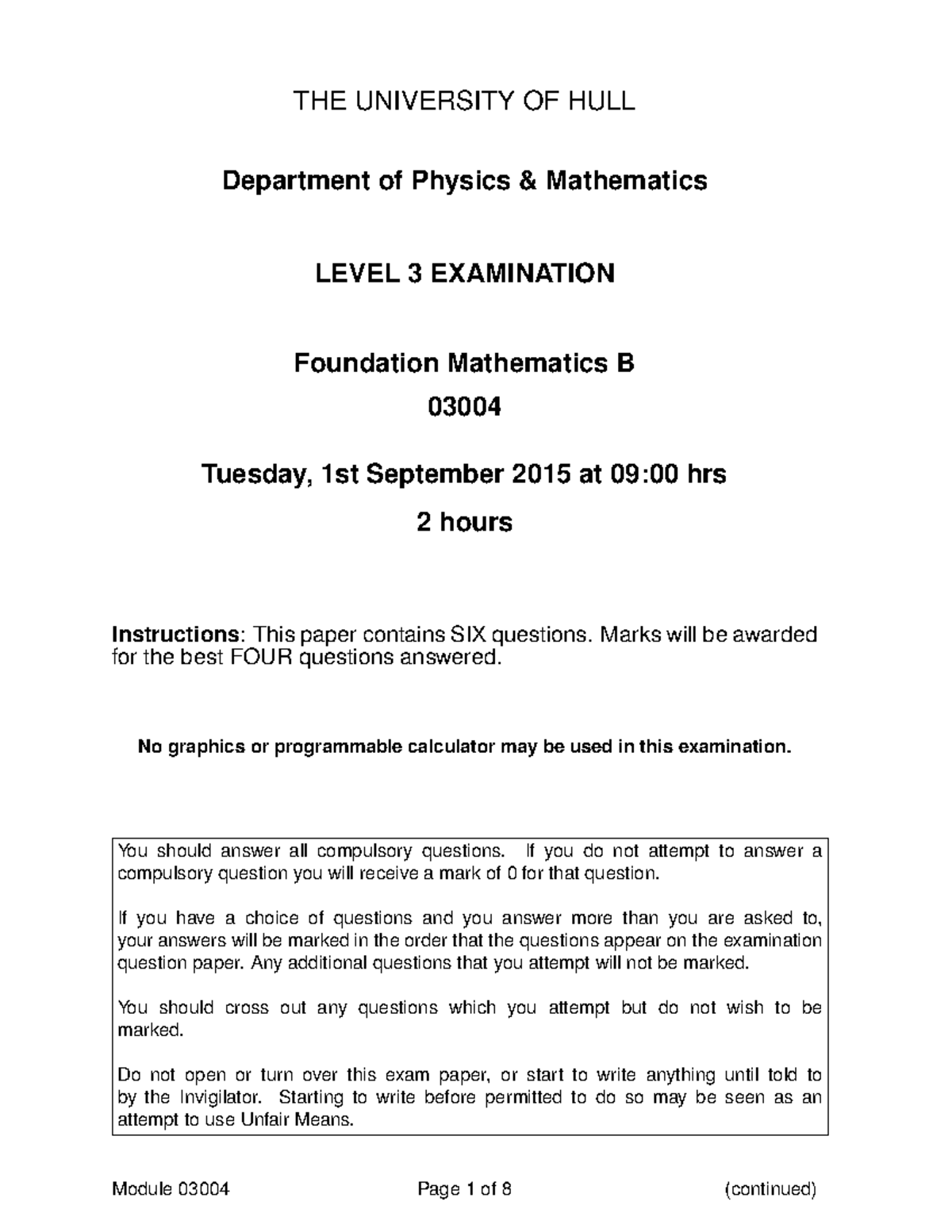 Level 3 Exam: Foundation Mathematics B - Studocu