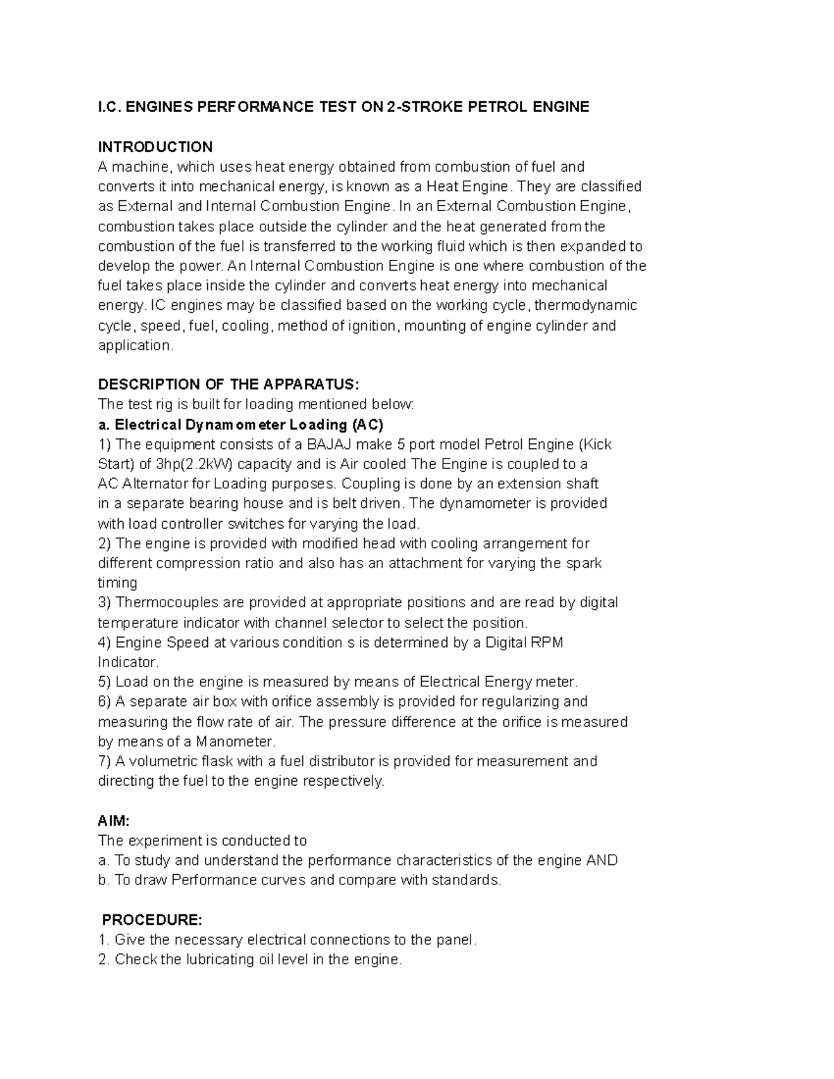 I.C. Engines Performance TEST ON 2 Stroke Petrol Engine I. ENGINES