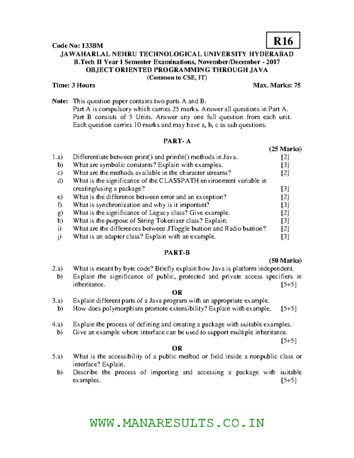 Java2017 PREVIOUS YEAR QUESTION PAPER R16 Code No 133BM JAWAHARLAL