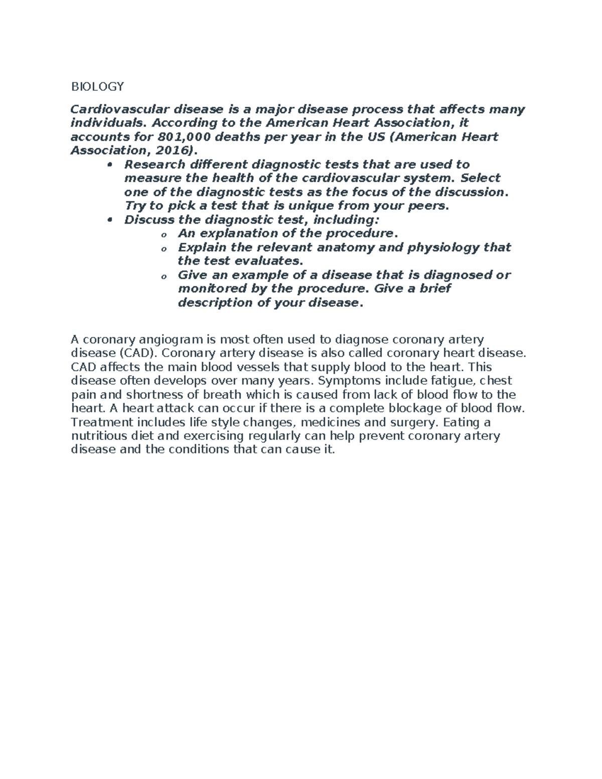 Biolog 25 - good - BIOLOGY Cardiovascular disease is a major disease ...