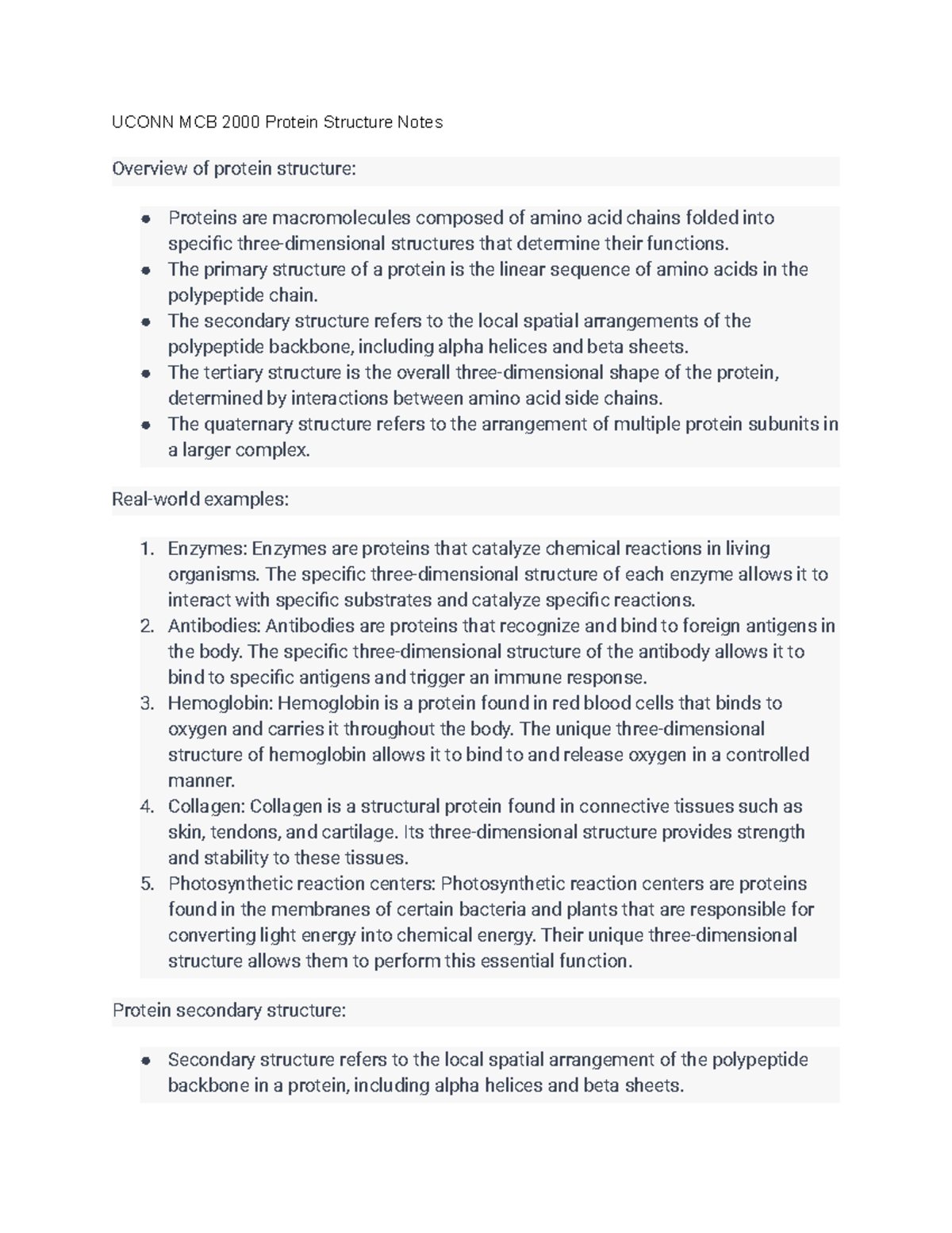 Uconn MCB 2000 Protein Structure Notes UCONN MCB 2000 Protein