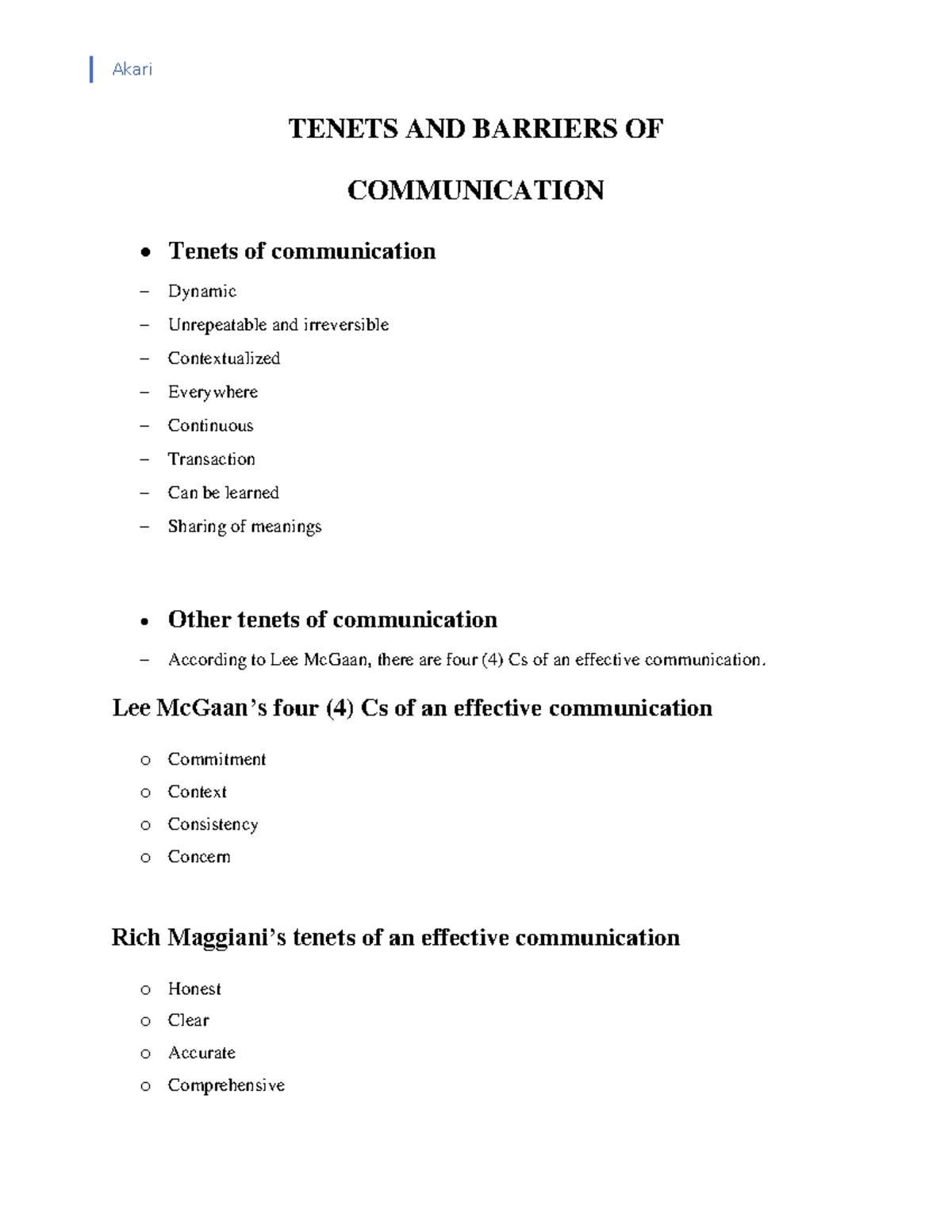 Oral Communication - Tenets and Barriers of Communication (Akari ...