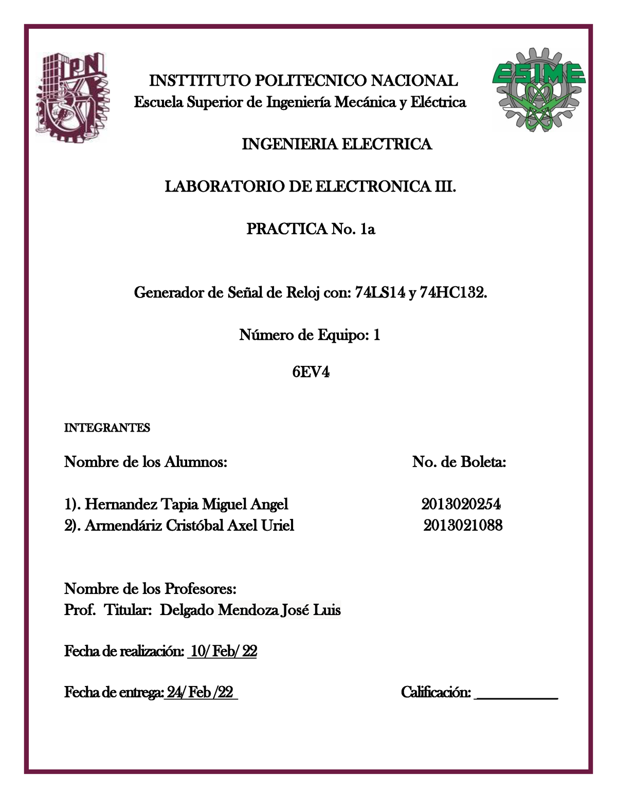 Practica No. 1a. Esime Zacatenco, Electronica 3 INSTTITUTO