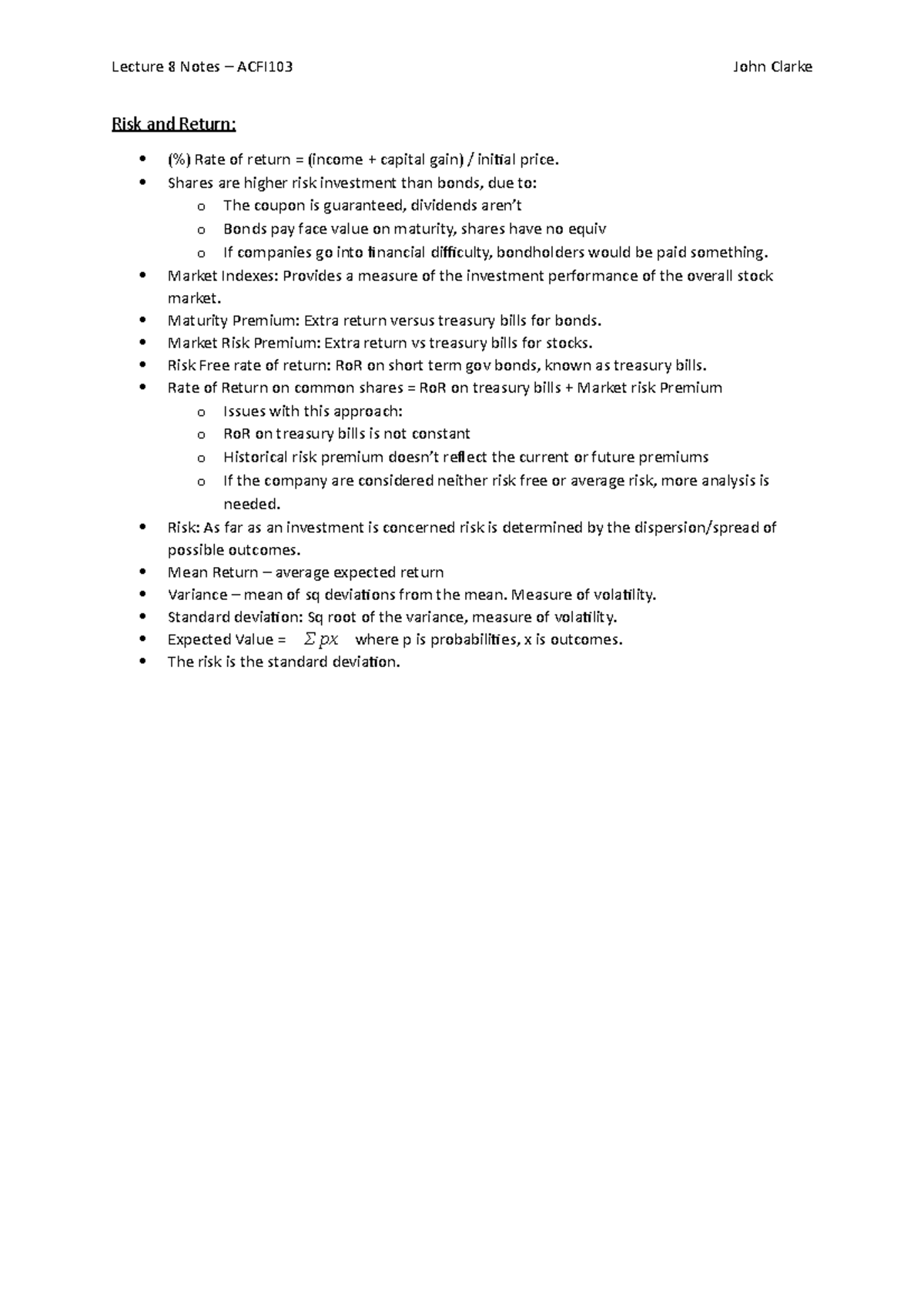 Lecture 8 Notes - Lecture 8 Notes – ACFI103 John Clarke Risk and Return ...