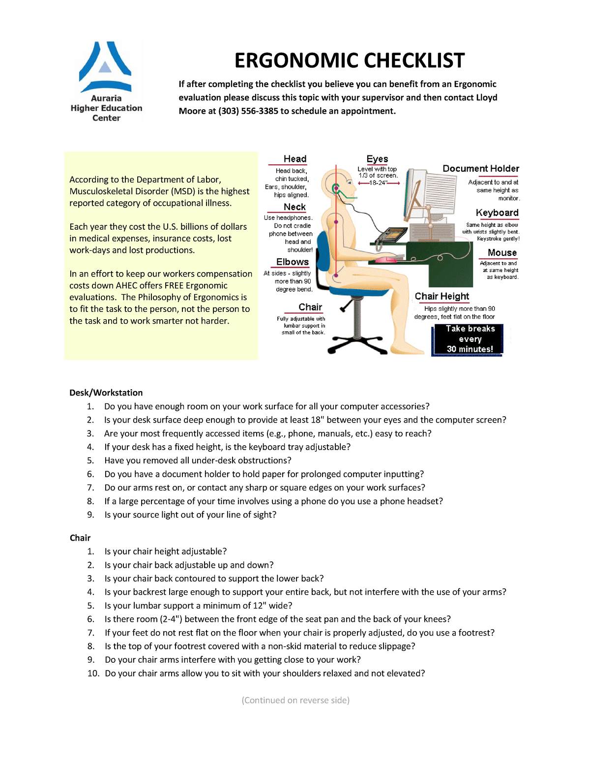 Ergonomic Evaluation Checklist Office Ergonomic Checklist If After Completing The Checklist 9542