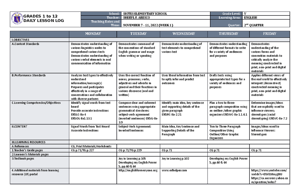 DLL English 5 Q2 W1 - rety;lkjhgfcx - GRADES 1 to 12 DAILY LESSON LOG ...