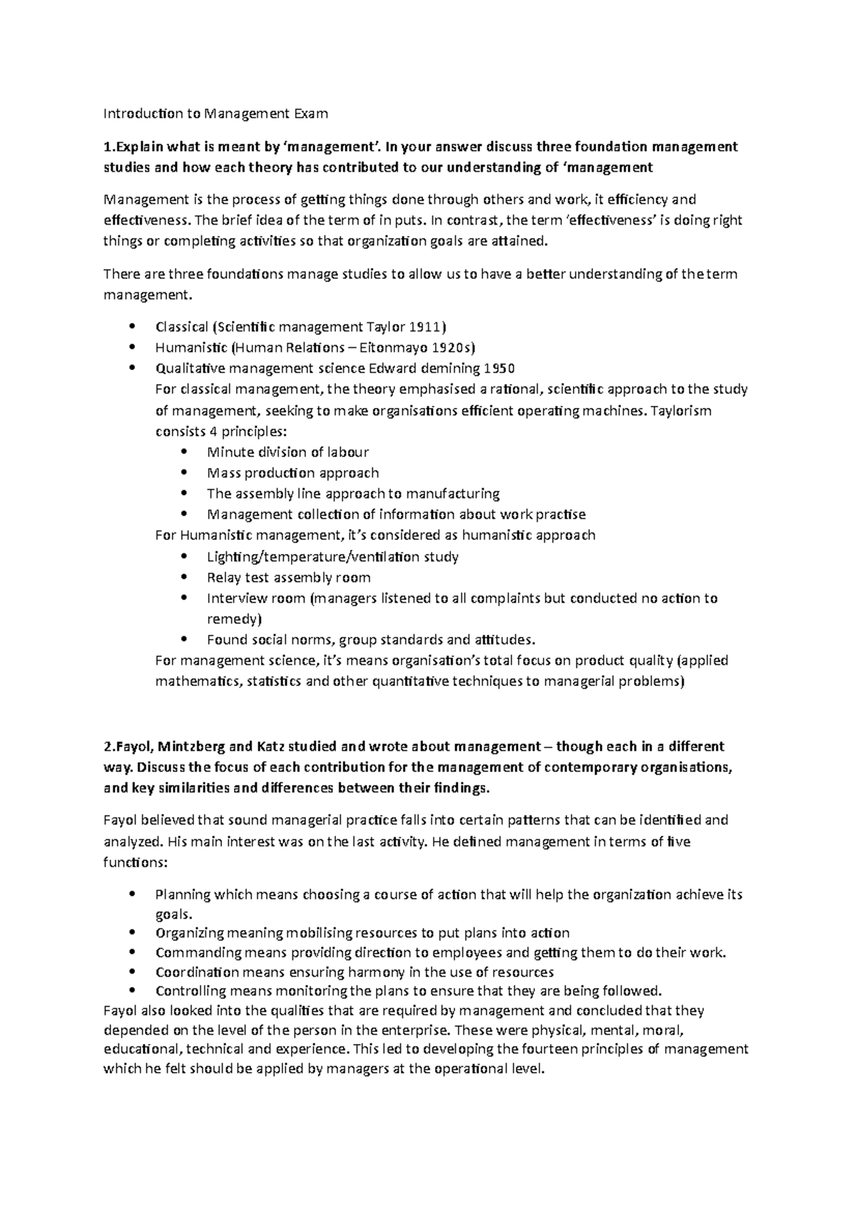 Introduction to Management Exam - In your answer discuss three ...