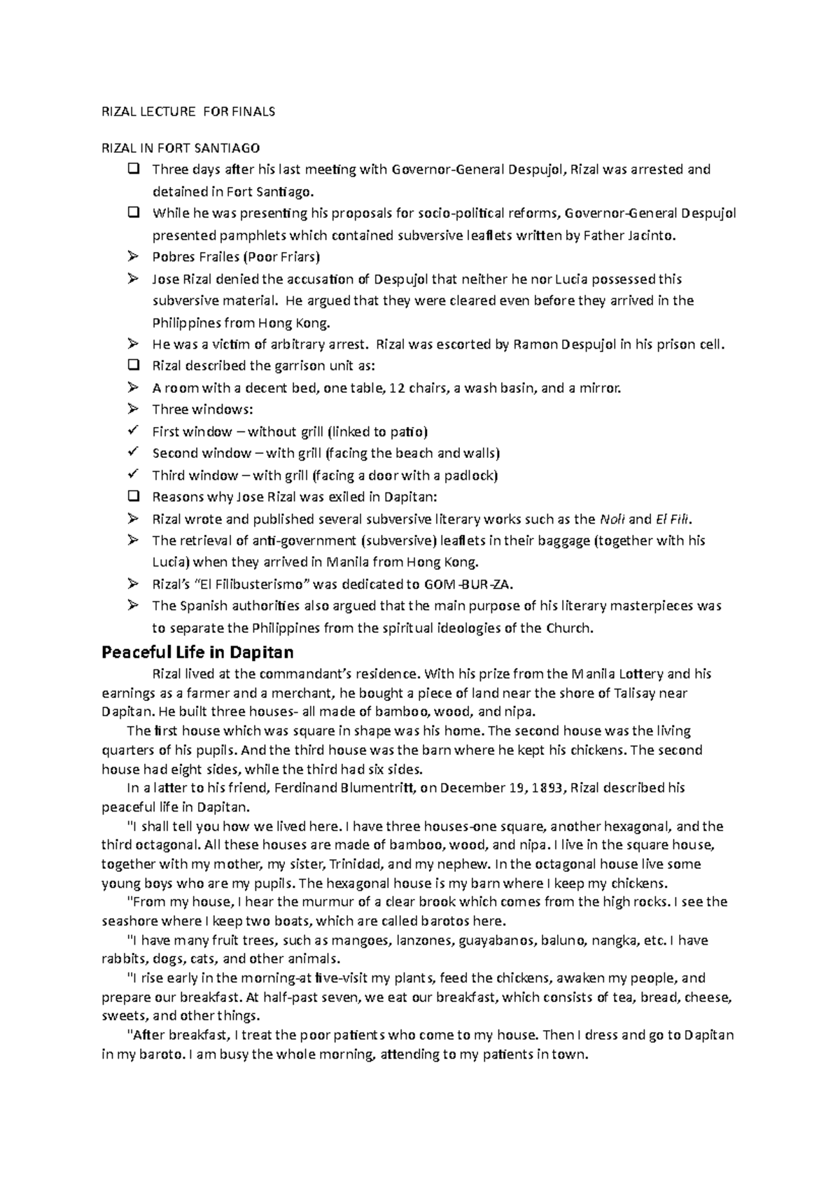 Rizal+ Lecture+ Finals+2-21 - RIZAL LECTURE FOR FINALS RIZAL IN FORT ...