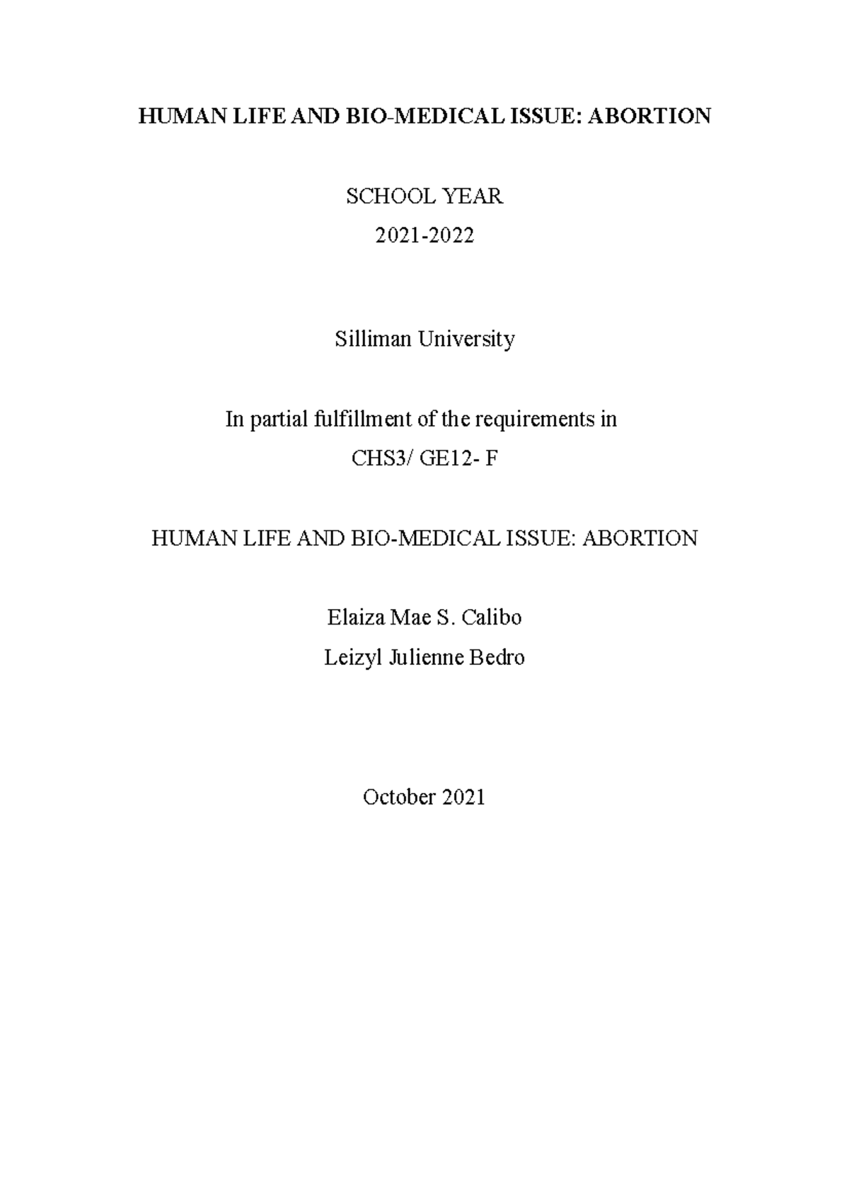 Ethics of Christian Faith: Abortion (Term Paper) - HUMAN LIFE AND BIO ...