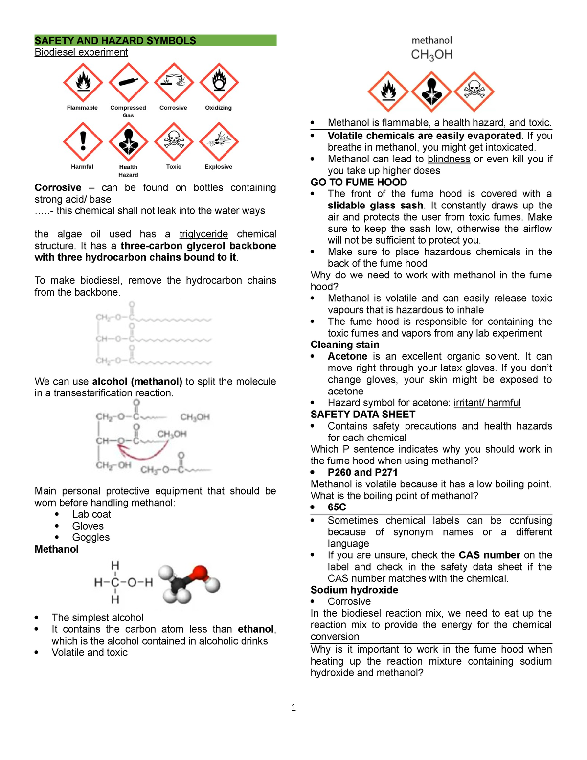 Biochem Lab prelims notes - SAFETY AND HAZARD SYMBOLS Biodiesel ...