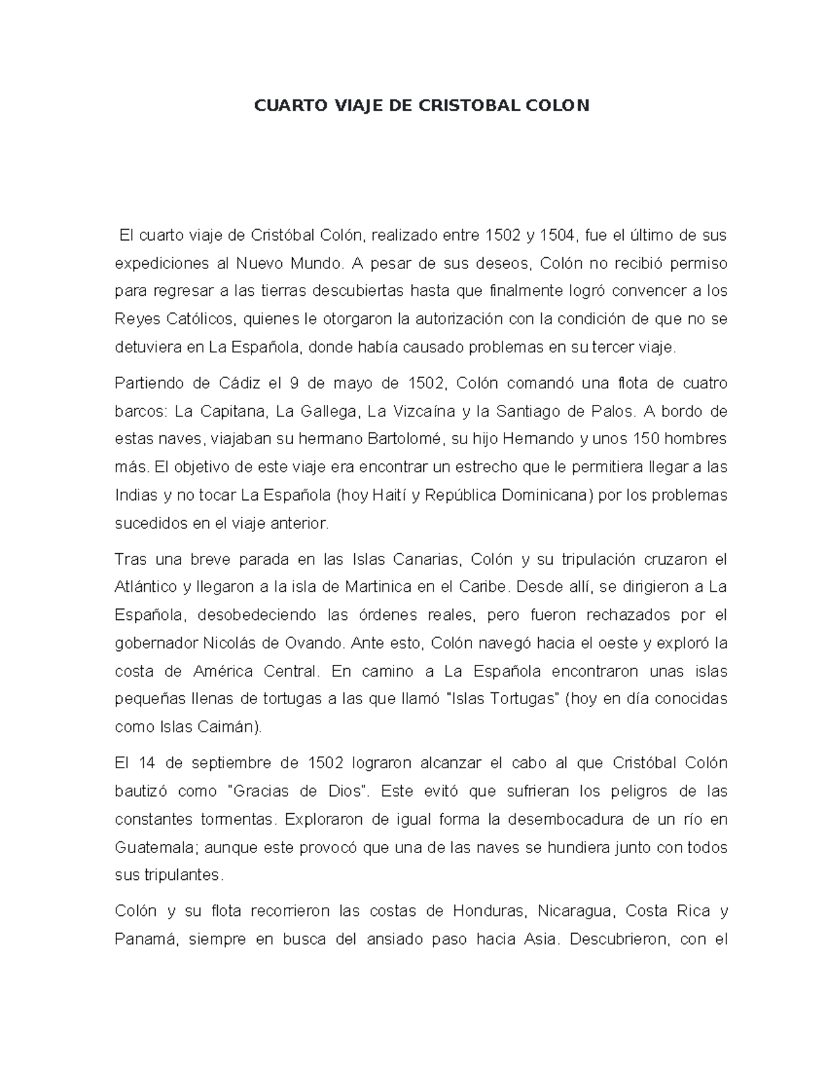 Cuarto Viaje DE Cristobal Colon - Historia de Panamá - UP - Studocu