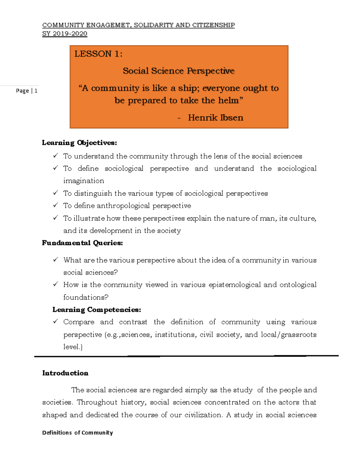 Week 002 Lesson 1 Social Perspectives - SY 2019- Page | 1 Learning ...