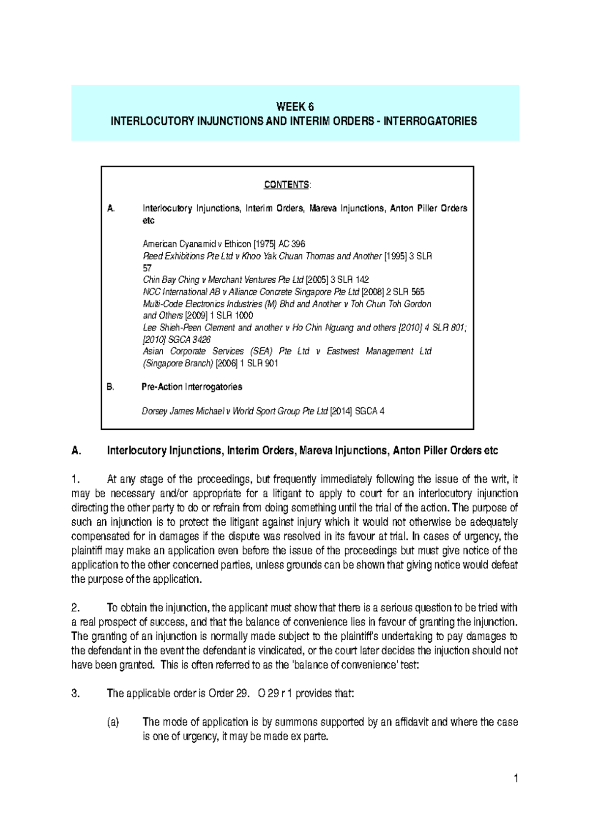 Week6 Notes for week 6 - WEEK 6 INTERLOCUTORY INJUNCTIONS AND INTERIM ...
