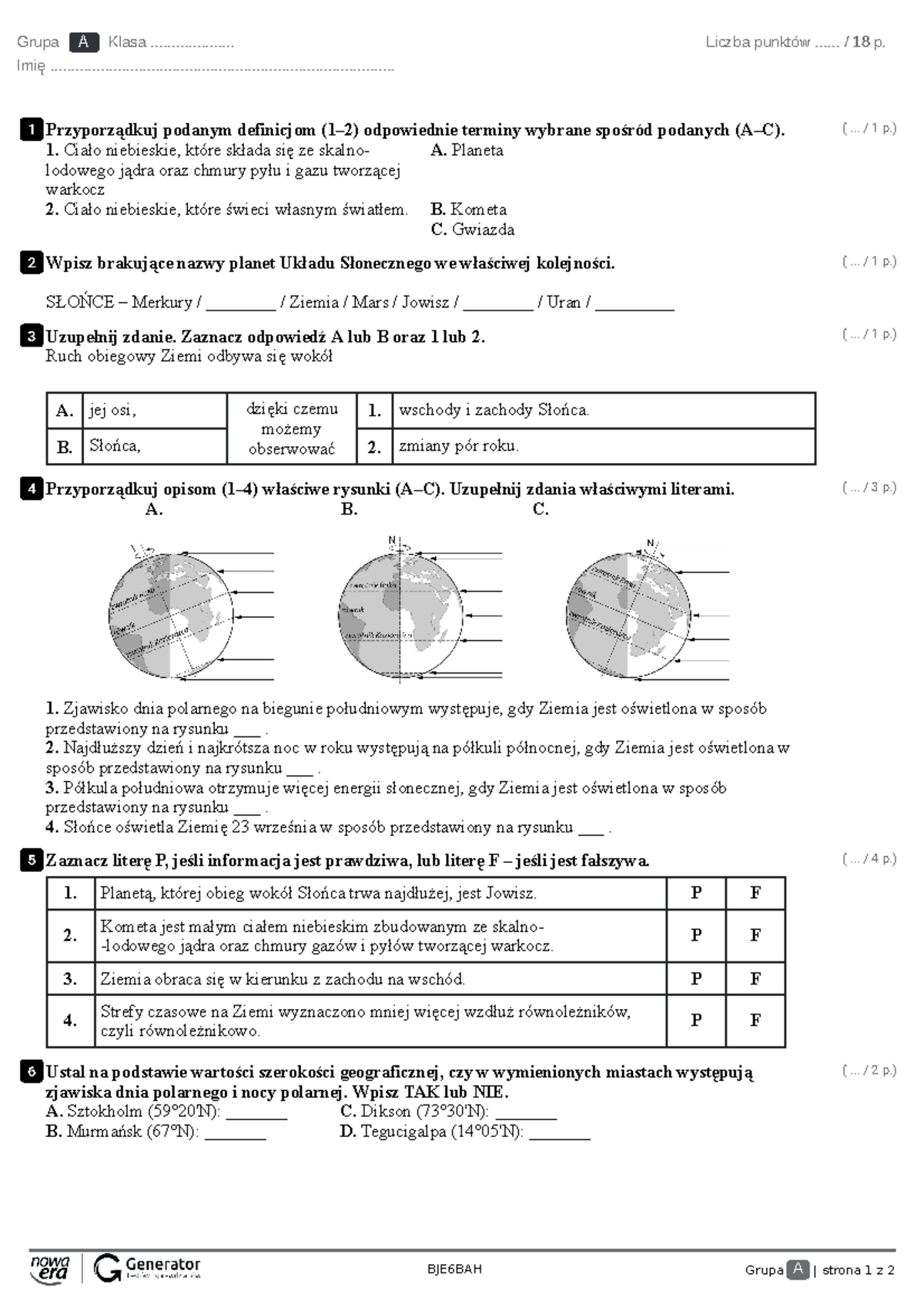 Test - Rozdzia 1 - BJE6BAH Grupa A | Strona 1 Z 2 Grupa A Klasa ...