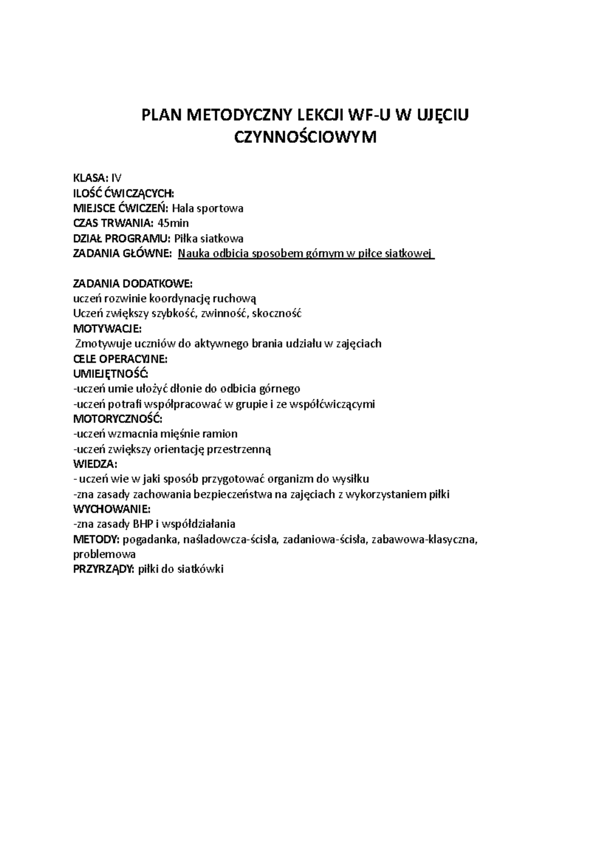Konspekt-siatkówka- nauka odbić sp. górnym - PLAN METODYCZNY LEKCJI WF