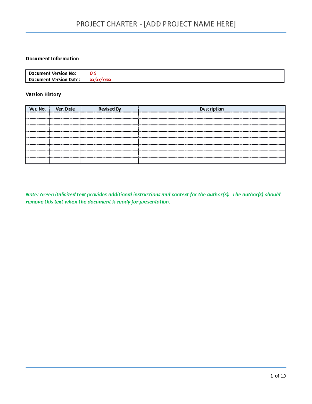 Project Charter Template - 001 - Document Information Document Version ...