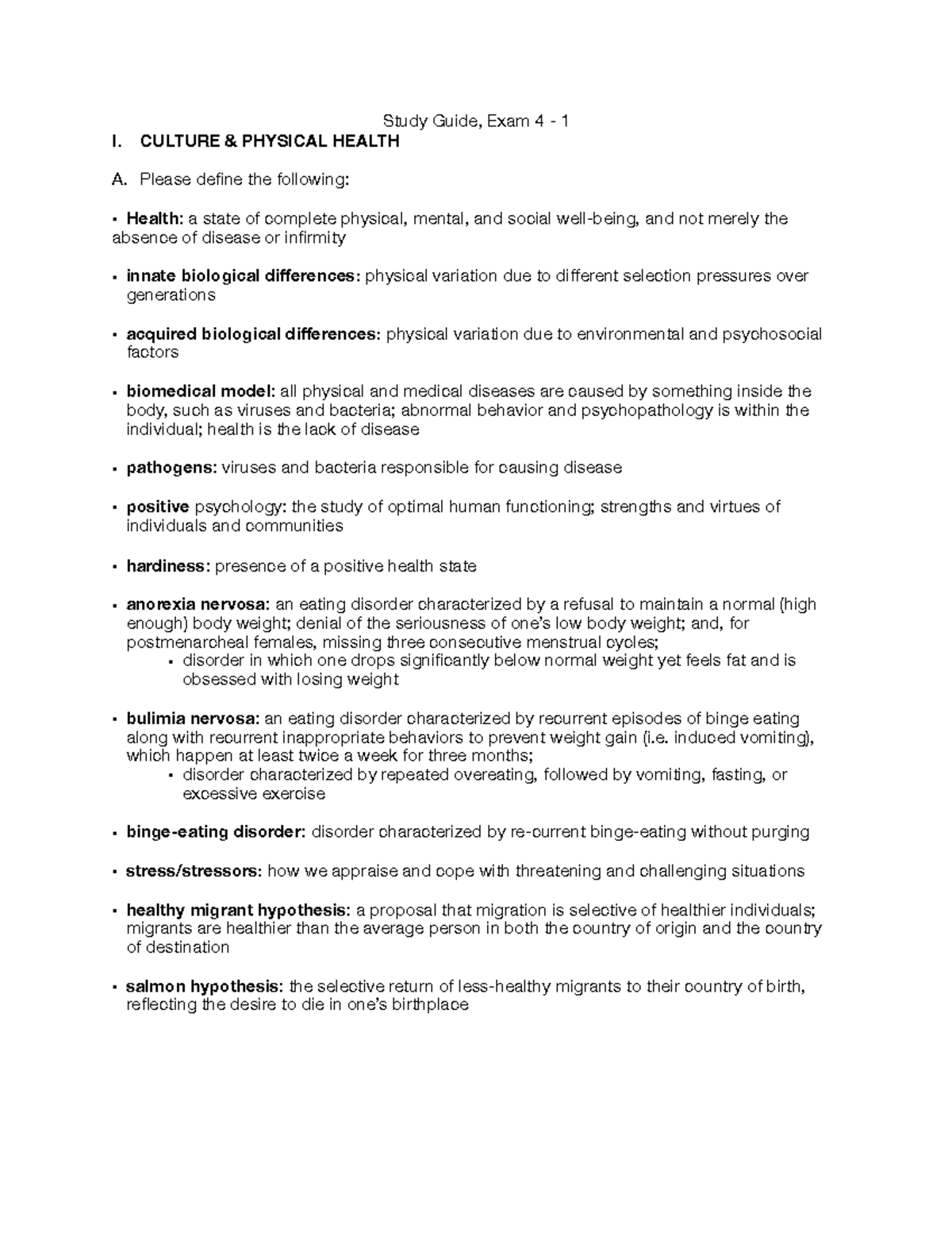 Study guide exam 4 (partial) - I. Study Guide, Exam 4 1 CULTURE ...