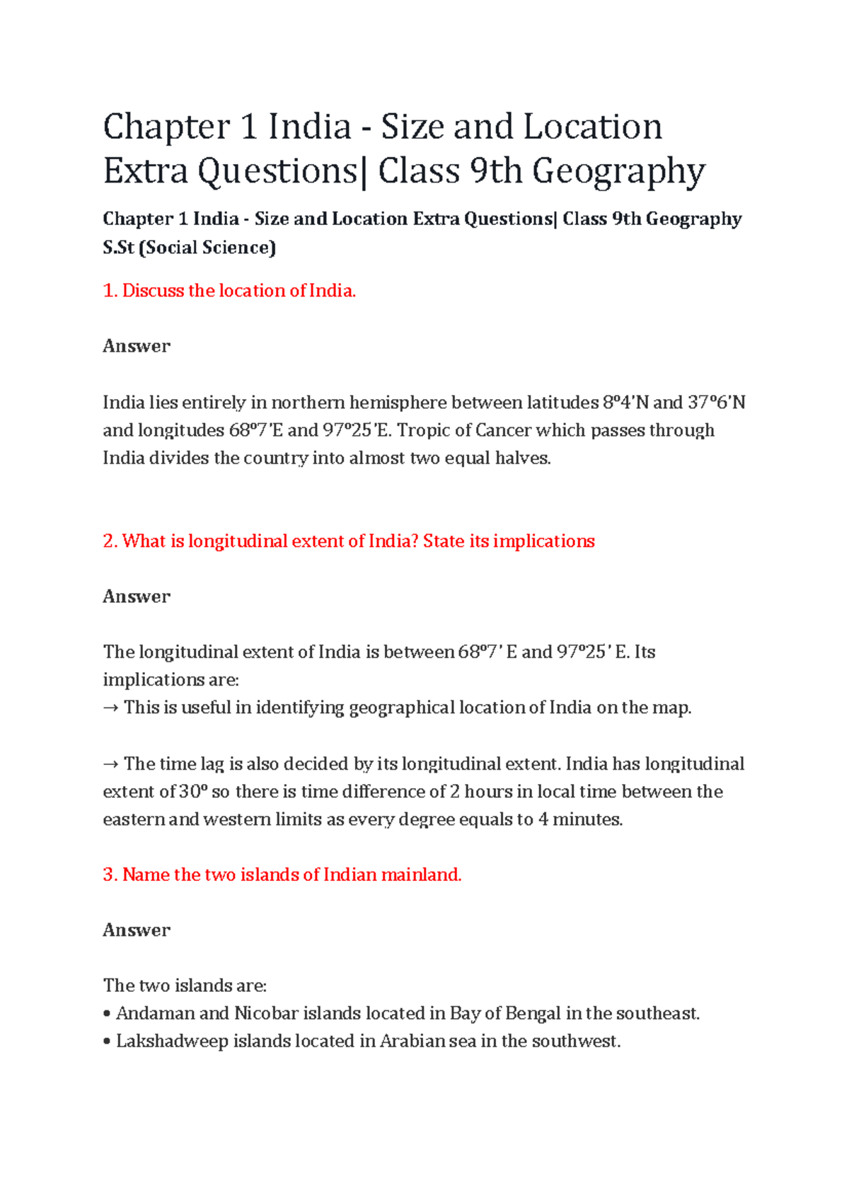 Geography Class 9 - Chapter 1 India - Size and Location Extra Questions ...