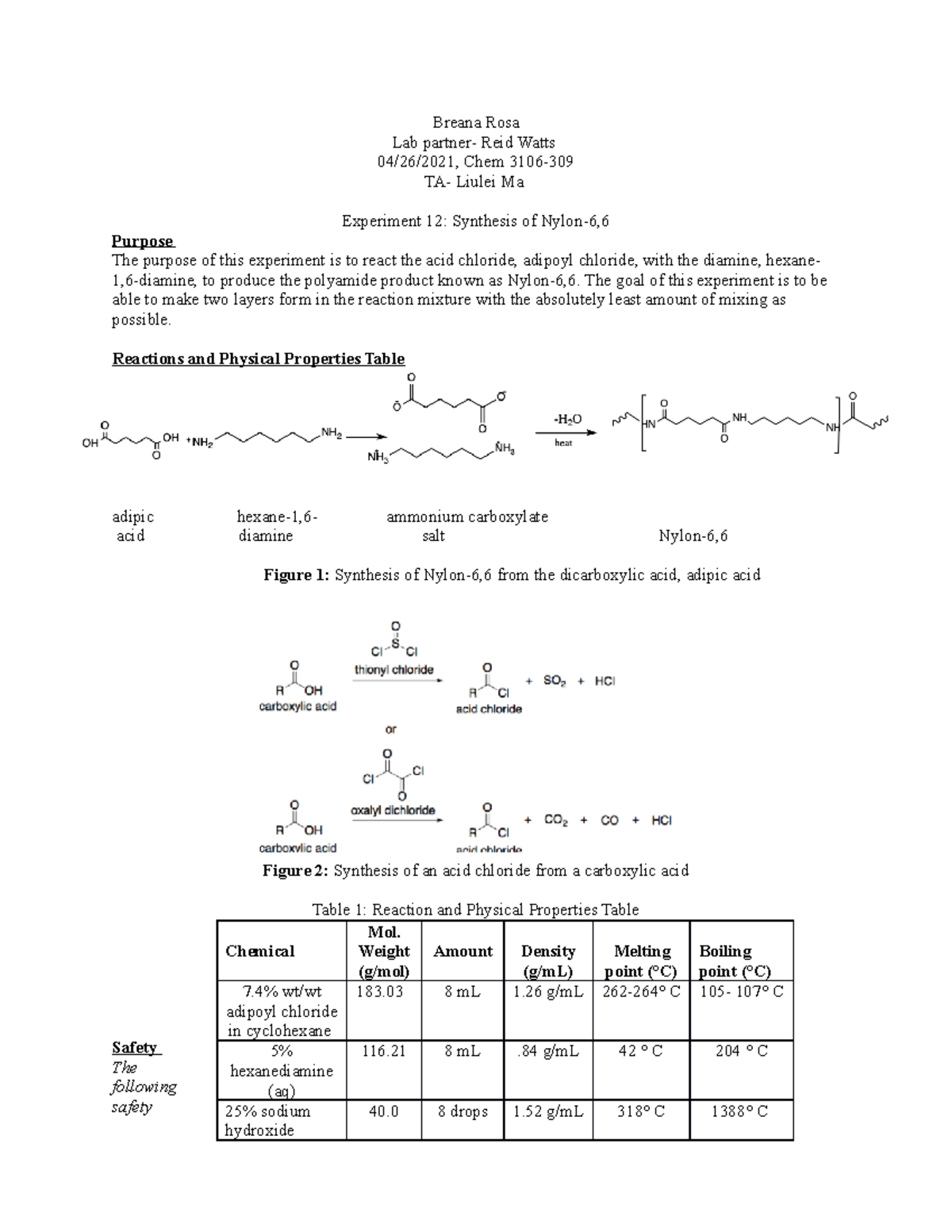 Ochem 3106 Experiment 12 Lab Report - Breana Rosa Lab partner- Reid ...
